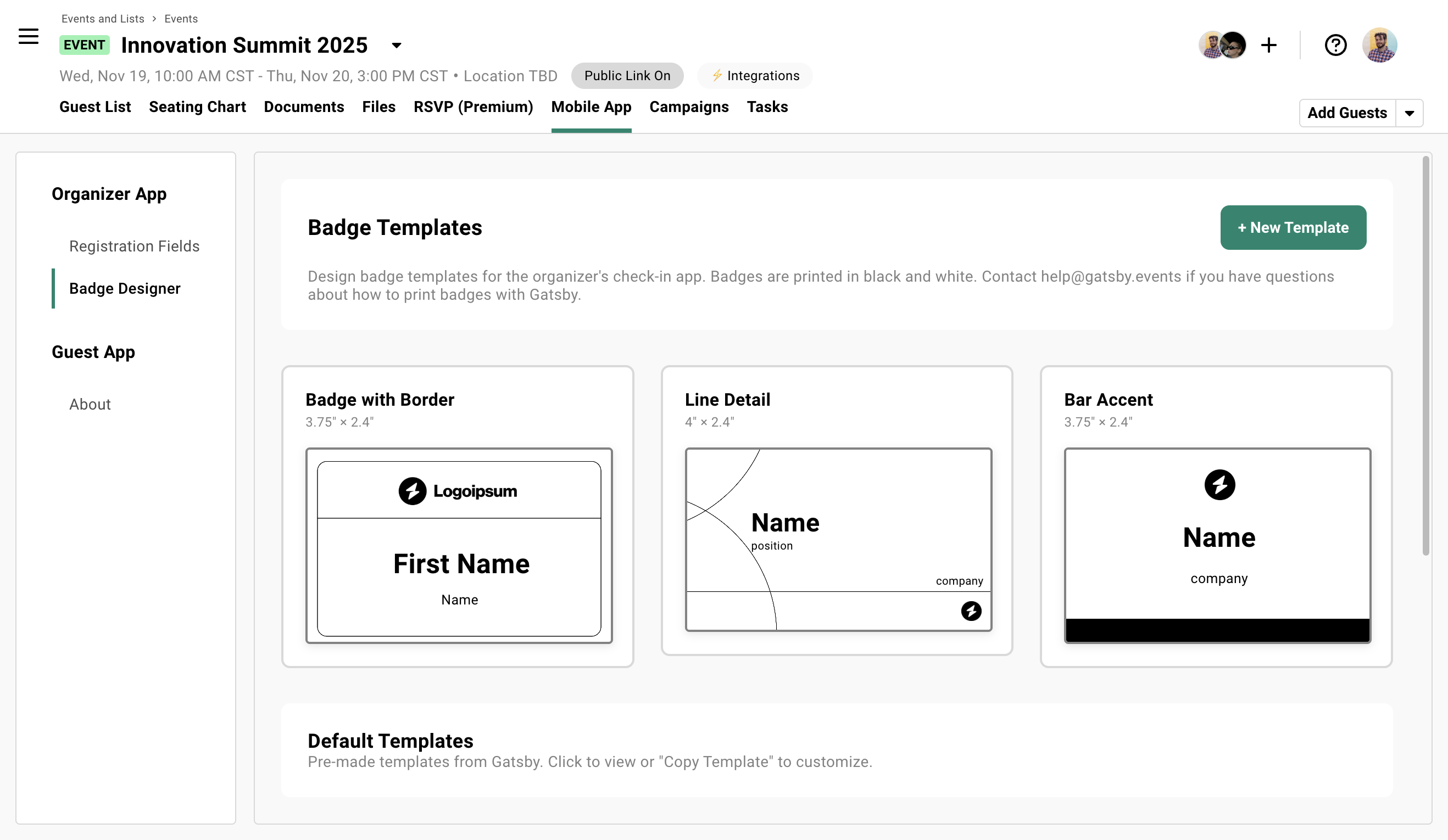 Badge template designer in the Gatsby web interface showing field options and layout controls