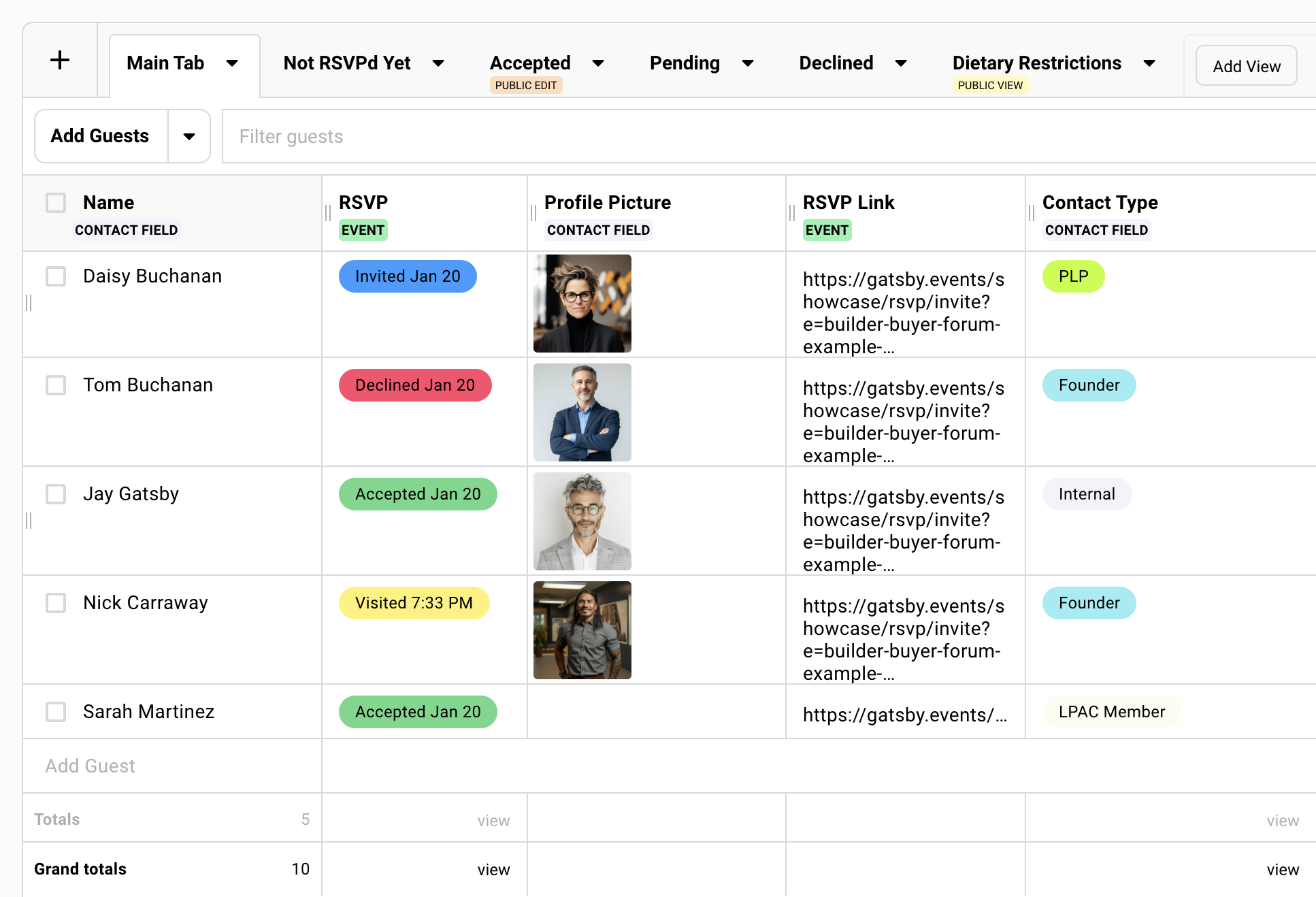 Screenshot showing a guest list with unique RSVP links and RSVP statuses