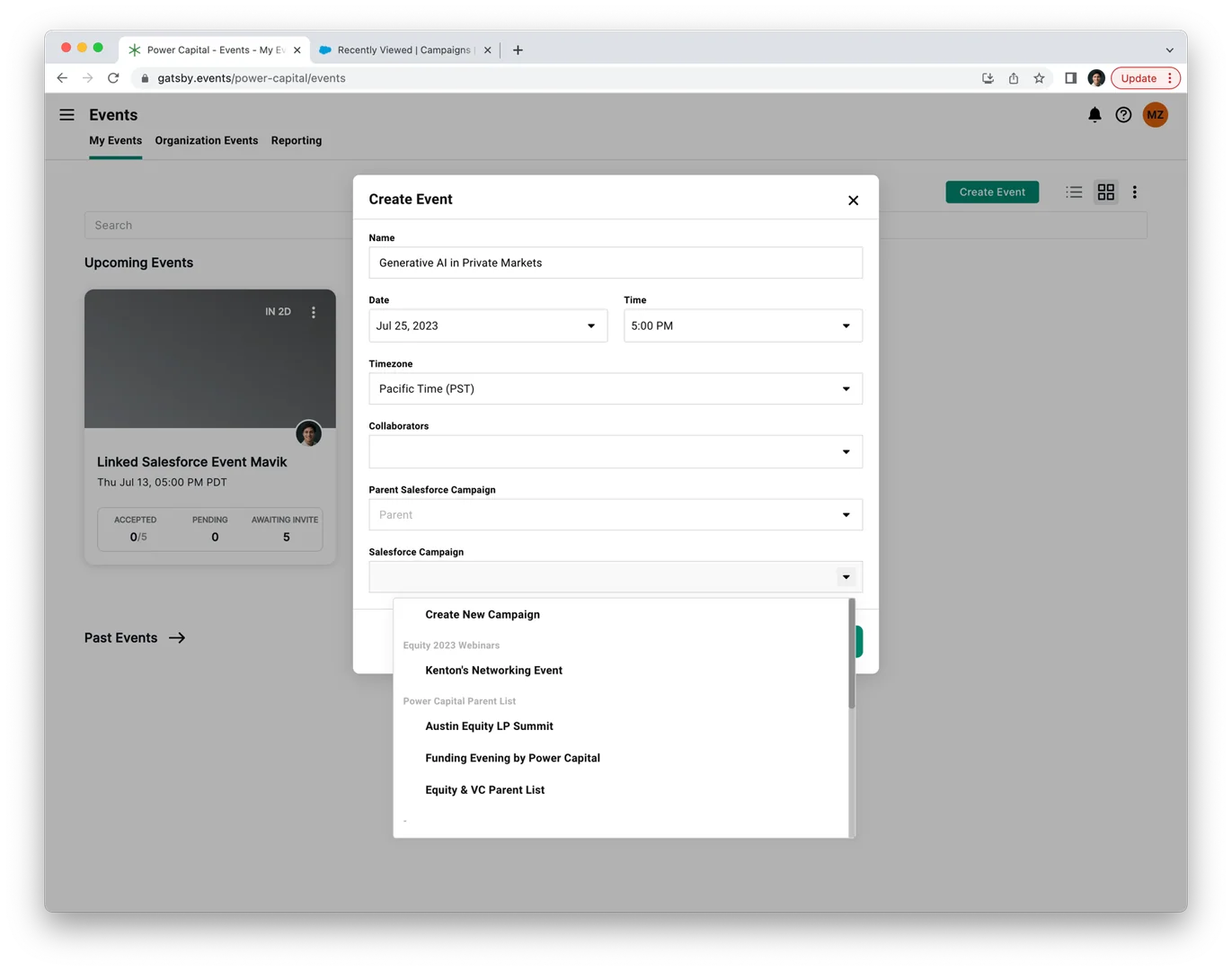 Event Details panel showing Salesforce Campaign dropdown selector